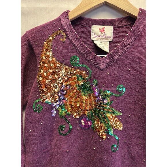 Quacker Factory Tunic Sweater Women's XS Thanksgiving Cornucopia Sequins Beaded - Picture 1 of 10